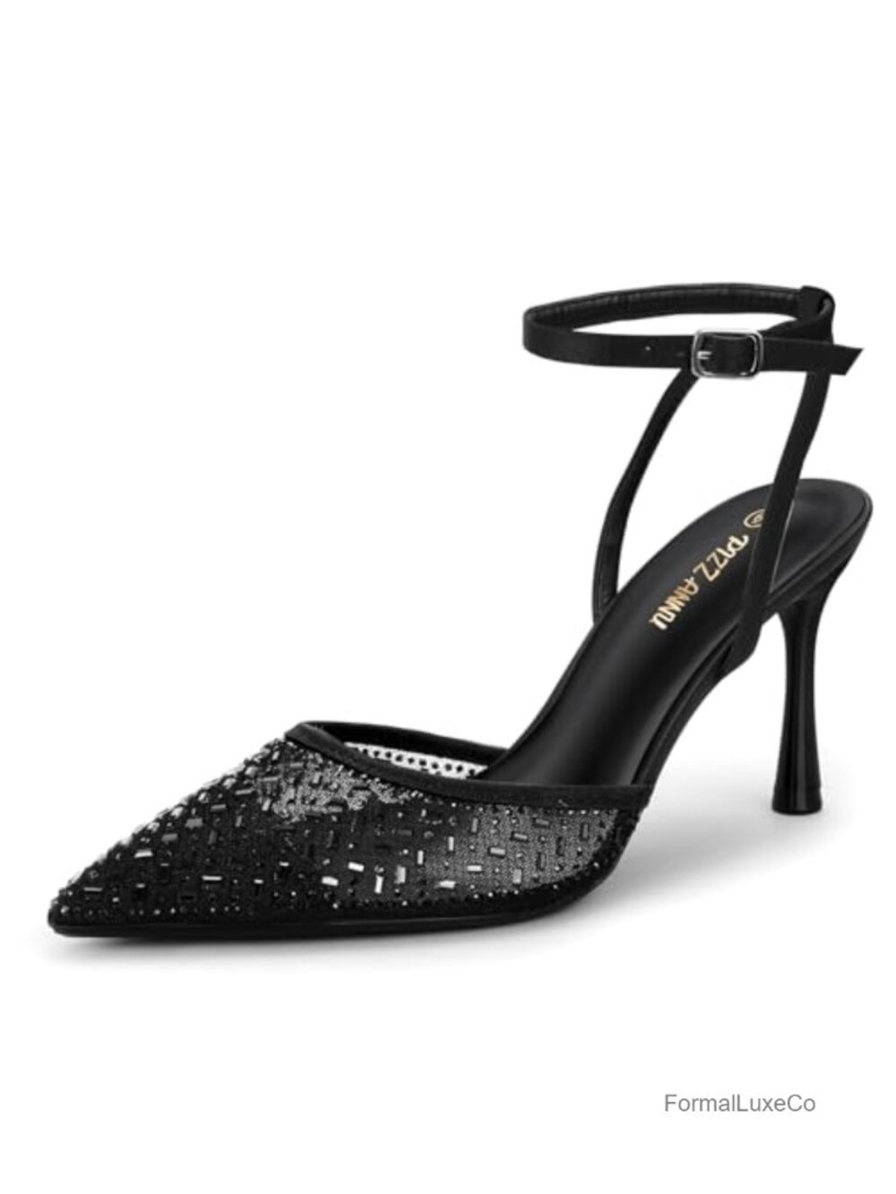 Stiletto Pointed Toe Mesh Rhinestone Ankle Strap Pumps Heels